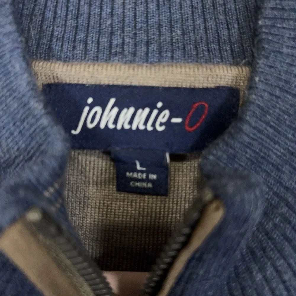 Johnnie O Merino Wool Blend Sweater Men Sz L Blue 1/4 Zip Lightweight LOGO